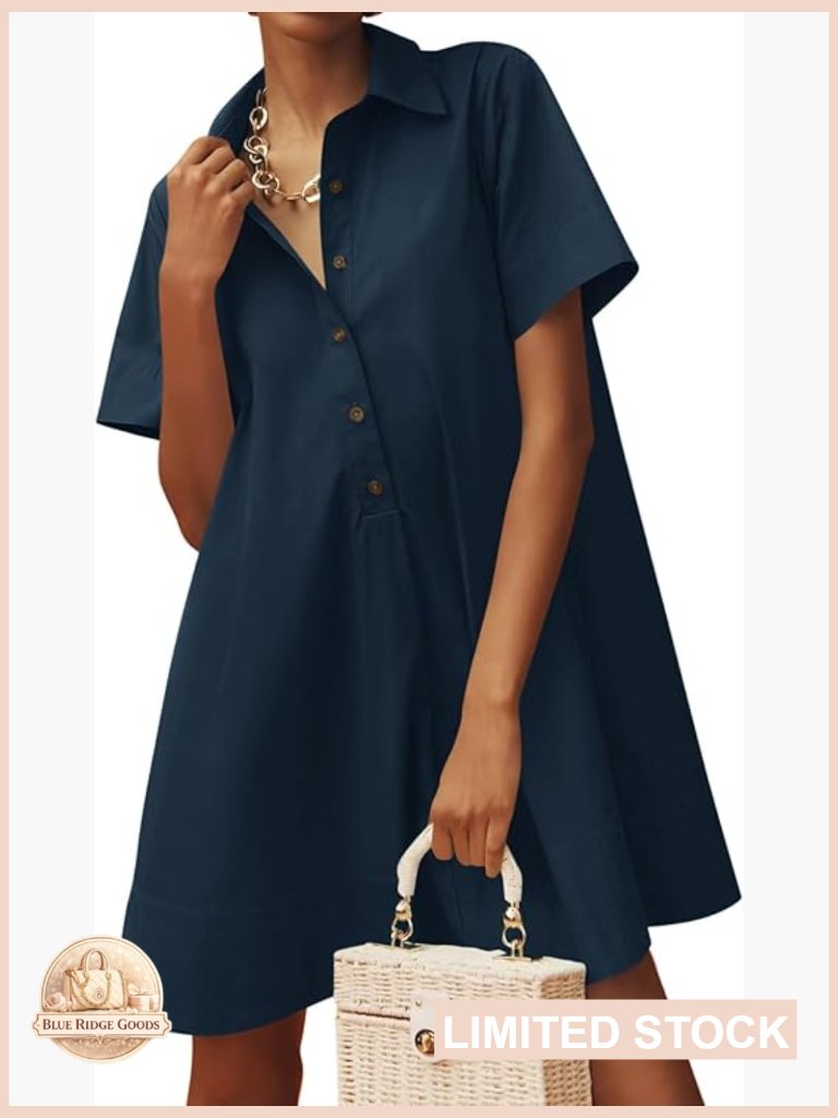 Oversized Collared V Neck Mini Dress Short Sleeve Casual Flowy Boho Chic Y2k